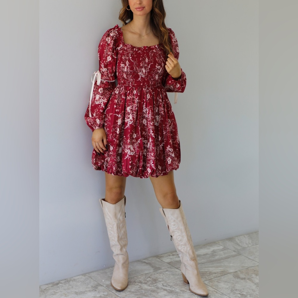 Listicle Floral Red Puff Sleeve Tea Garden Dreaming Dress Medium